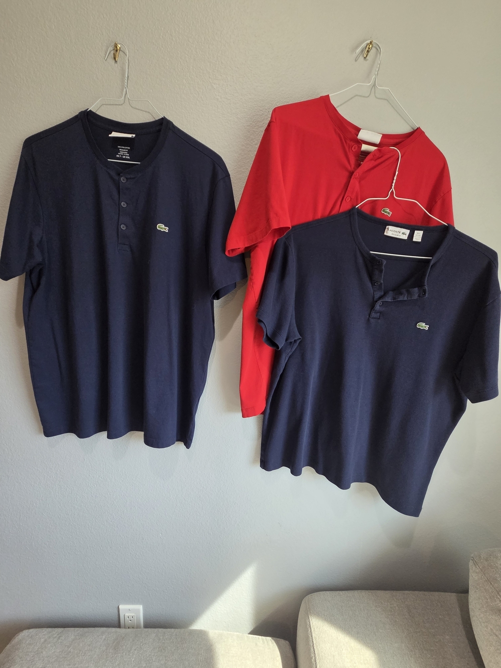 Set Of 3 Lacoste Men's Short Sleeve Henley Shirts- Navy and Red, Size 7 XL/XXL